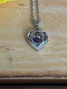 Silver Heart Pendant Necklace with Purple Stone